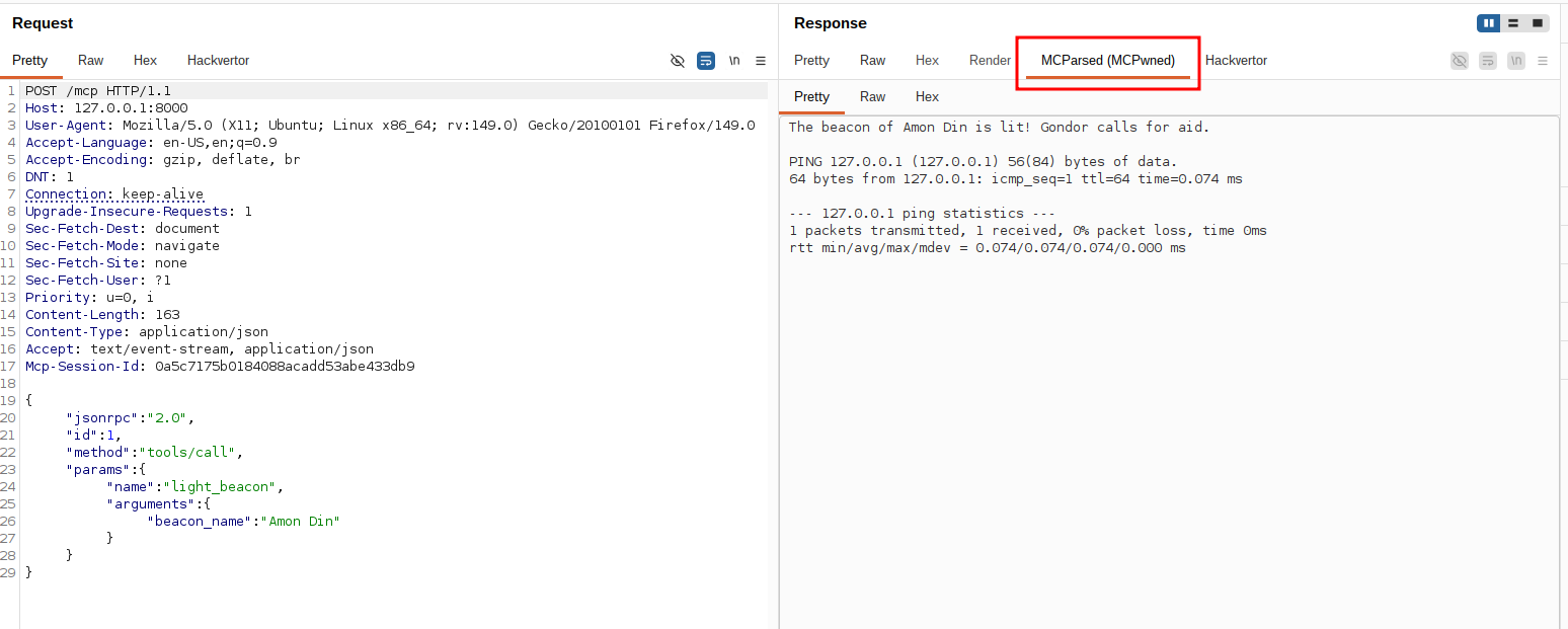 Request and response in Burp Suite, using the MCPwned parser to see the response more clearely