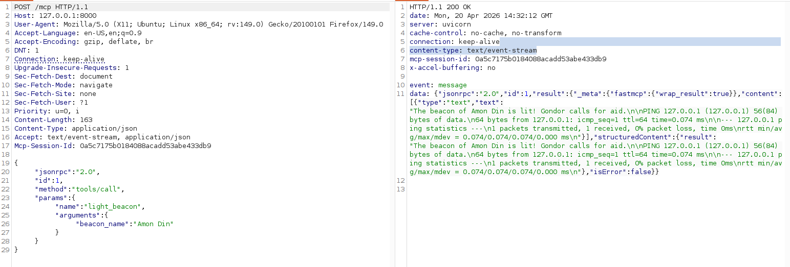 Request and response in Burp Suite, using the MCPwned tool